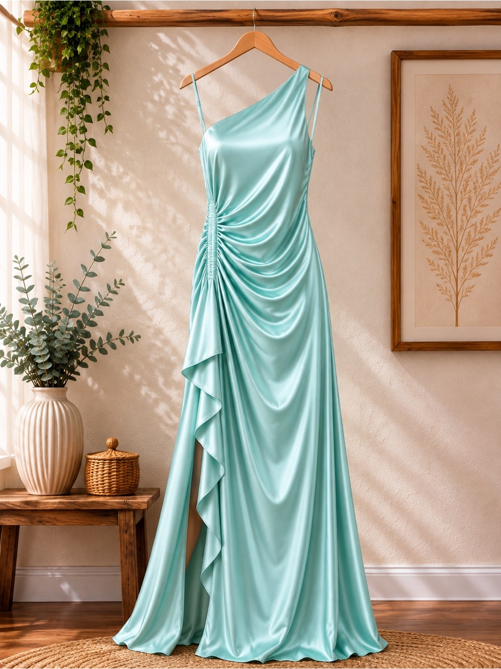 Elegant One-Shoulder Ruched Satin Maxi Dress in Sage Green - Picture 2 of 5
